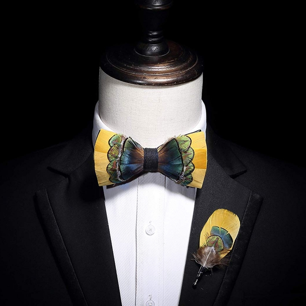 Mens Natural Feather Pre Tied Bow Tie & Lapel Pin